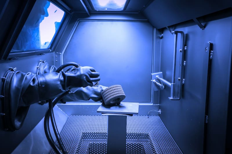 Worker sandblasting mechanical gears inside the blast cabinet.