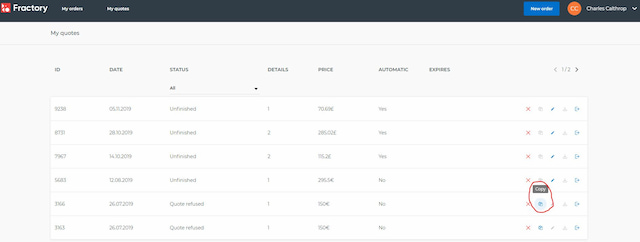 Copying a quote on Fractory platform